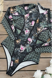 Long sleeve plus size swimsuit with water lily print