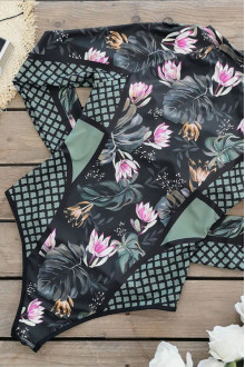 Long sleeve plus size swimsuit with water lily print