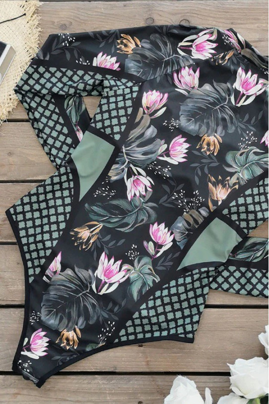 Long sleeve plus size swimsuit with water lily print