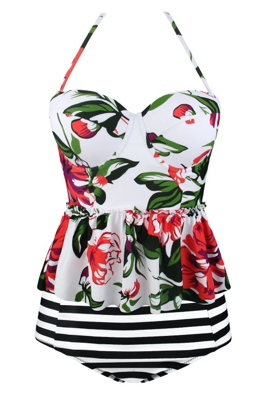 Maxi tankini floral print in white with striped pants