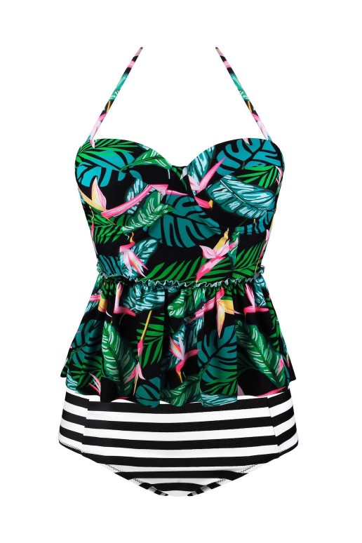 Maxi tankini floral print in green with striped pants