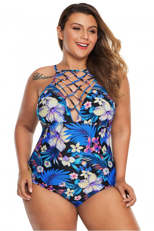 One piece swimsuit with a spectacular neckline in a blue floral print