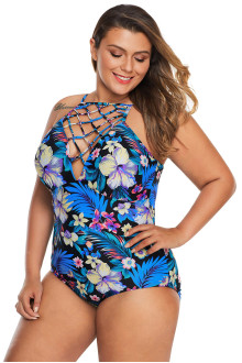 One piece swimsuit with a spectacular neckline in a blue floral print