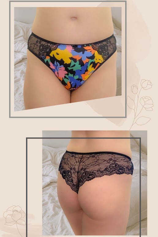 Luxurious Brazilian lace and microfiber in black with colourful print