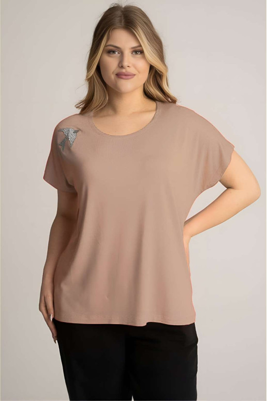 Beige short sleeve plus size blouse with swallow