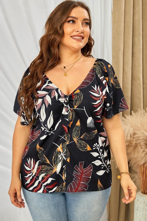 Short-sleeved blouse and tropical print in black