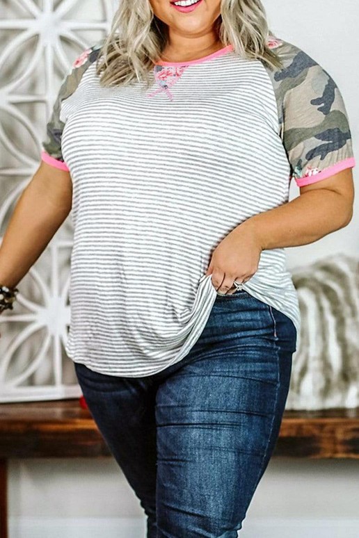 Plus size T-shirt with camouflage sleeves