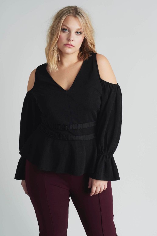 COLD SHOULDER TOP WITH PLEATED WAIST
