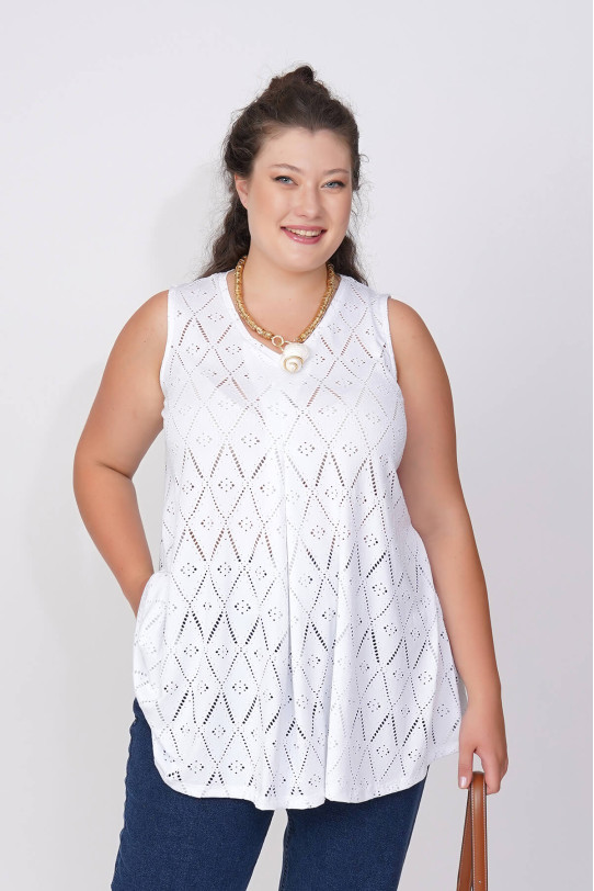 White sleeveless blouse with openwork fine braid