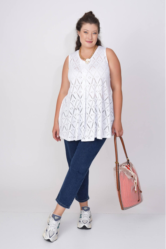 White sleeveless blouse with openwork fine braid