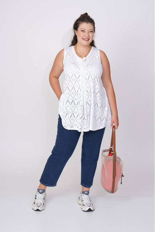 White sleeveless blouse with openwork fine braid