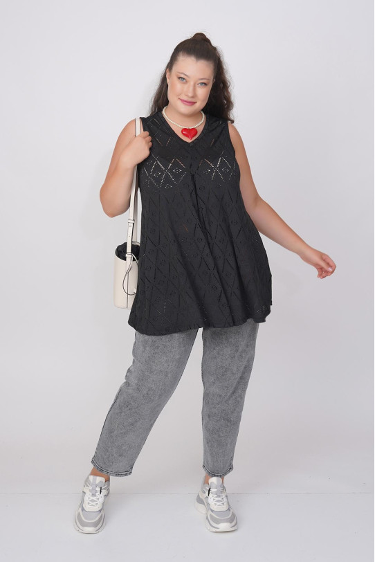 Black sleeveless blouse with openwork fine braid