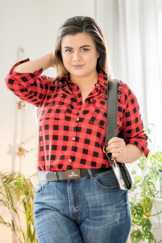Maxi red plaid shirt with stones