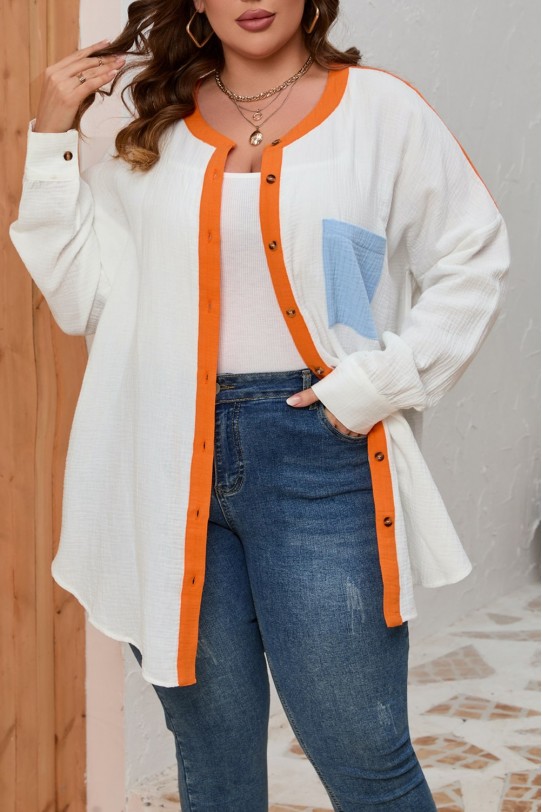 Модерна памучна макси риза в бяло и оранжев