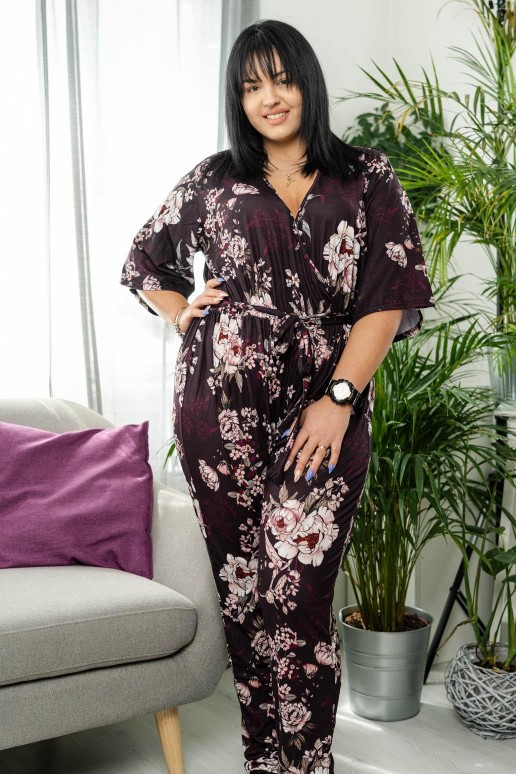 Thin burgundy plus size jumpsuit with floral print