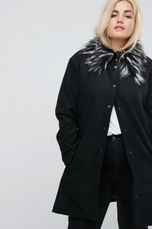 Plus size black wool coat with fluffy collar