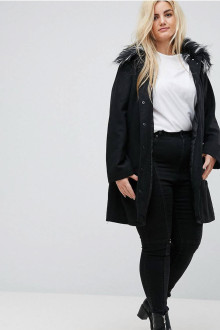 Plus size black wool coat with fluffy collar