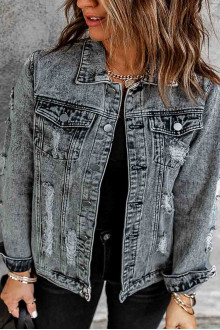 Gray plus size denim jacket with slight rips