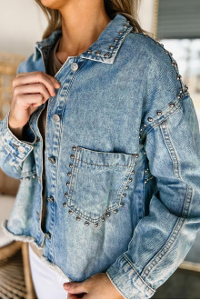 Light denim plus size jacket with eyelets