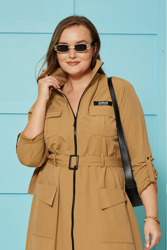 Long plus size trench coat in warm caramel color