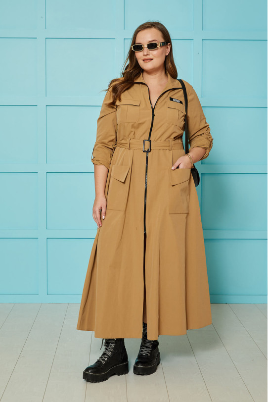 Long plus size trench coat in warm caramel color