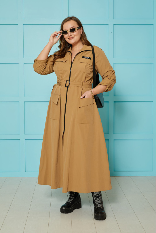 Long plus size trench coat in warm caramel color