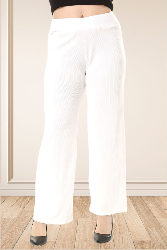 Textured cotton plus size pants with elastic waist in white