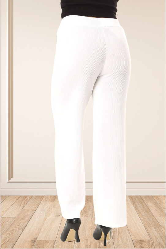 Textured cotton plus size pants with elastic waist in white