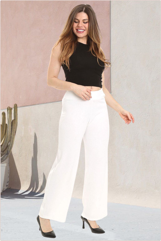 Textured cotton plus size pants with elastic waist in white
