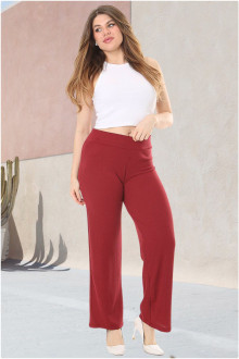 Textured cotton plus size pants with elastic waist in marsala