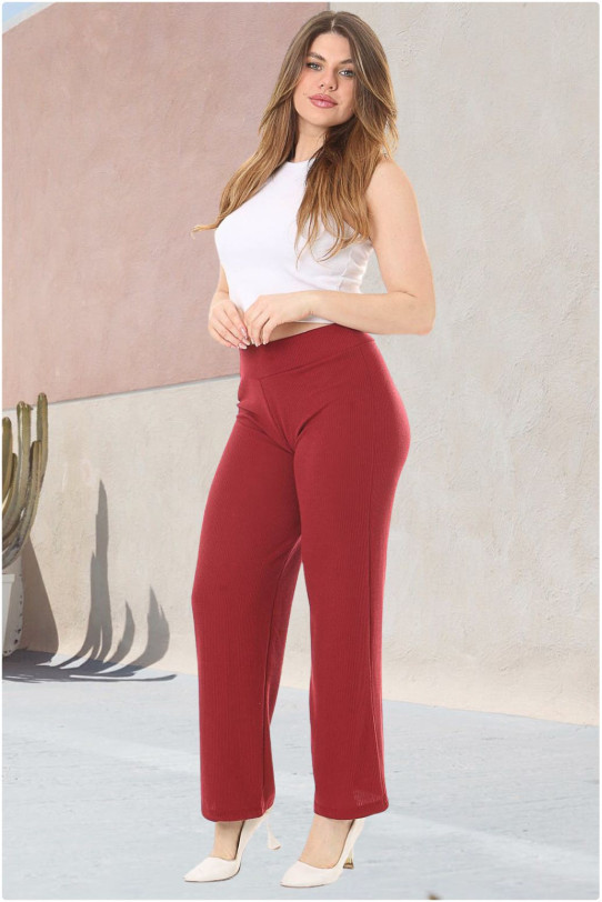 Textured cotton plus size pants with elastic waist in marsala