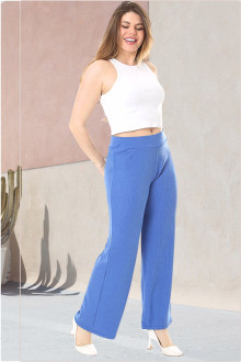 Textured cotton plus size pants with elastic waist in blue