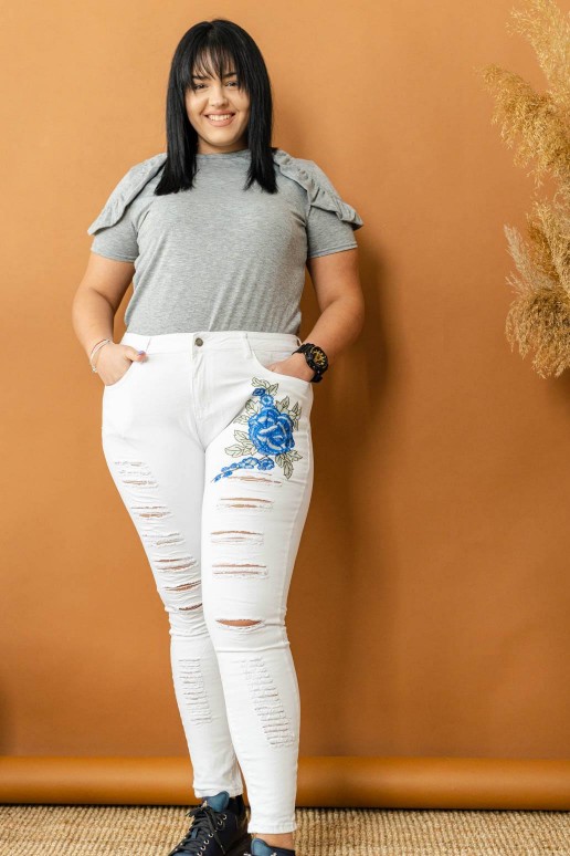 White plus size jeans with embroidered rose