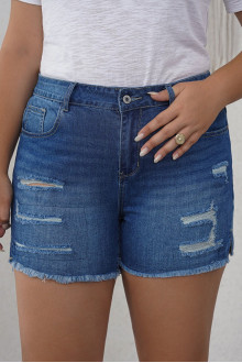 Plus size denim shorts with torn and internal patches