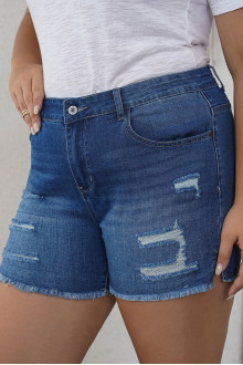 Plus size denim shorts with torn and internal patches