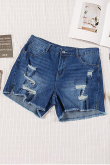 Plus size denim shorts with torn and internal patches