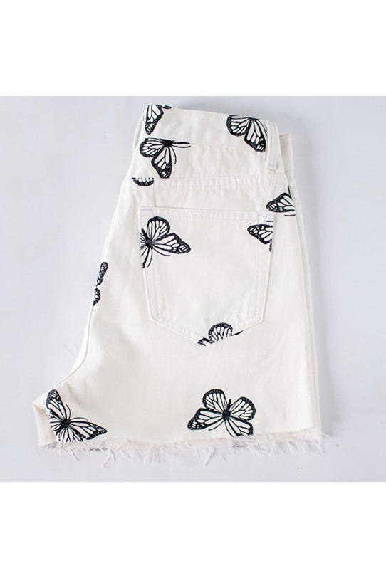 White butterfly plus size denim shorts