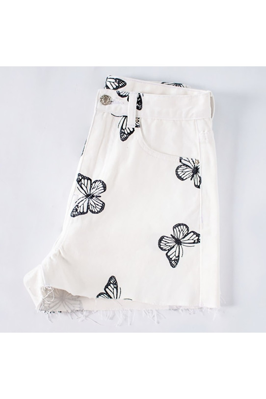White butterfly plus size denim shorts
