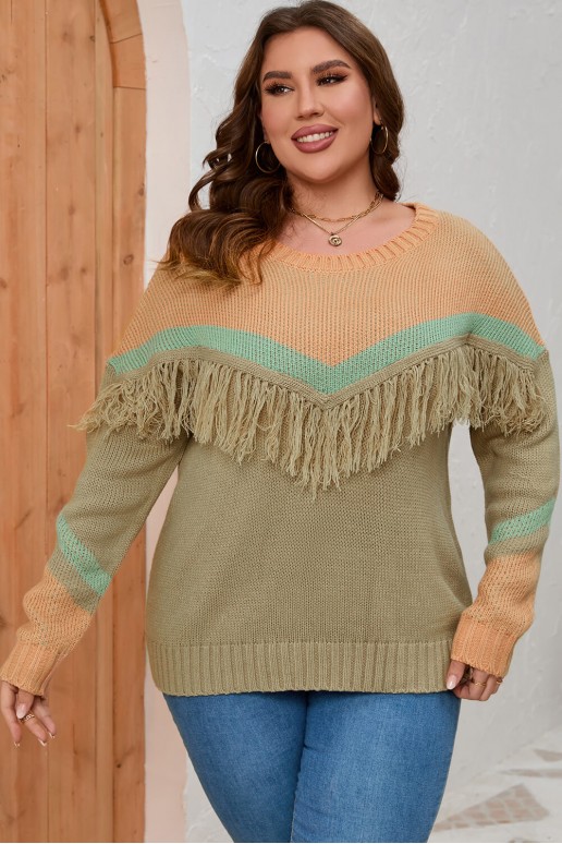 Красив макси пуловер в пастелни цветове с ресни