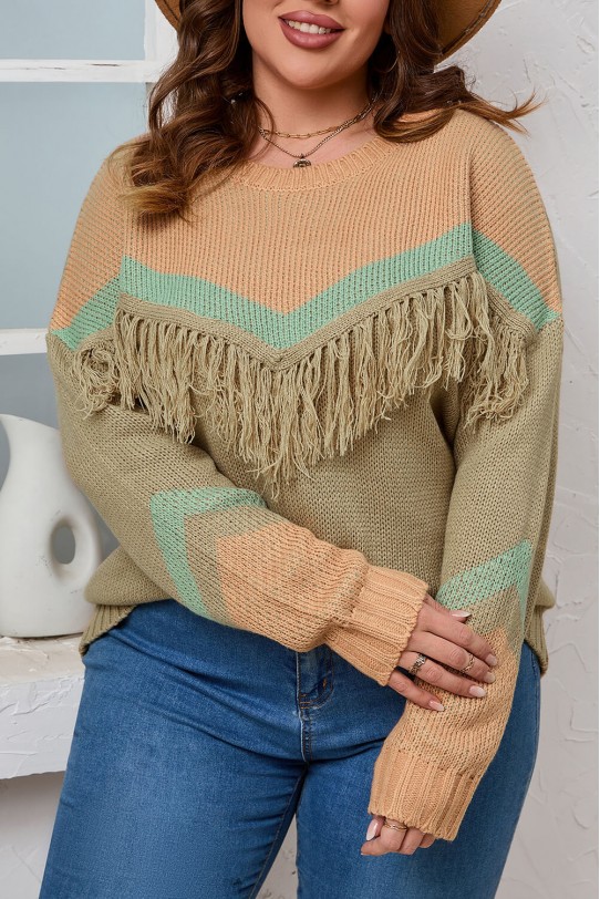 Beautiful plus size sweater in pastel colors with fringe