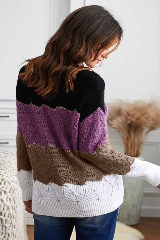 Трицветен макси пуловер с нежна оплетка на вълни