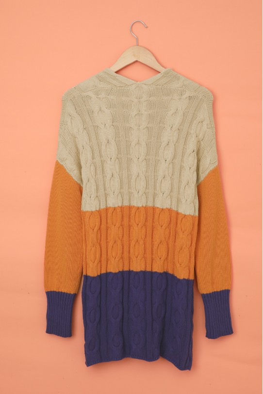 Памучен макси пуловер-туника в кремаво, оранжево и лилаво