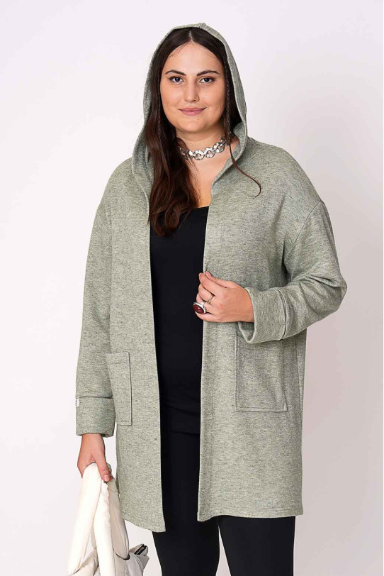 Plus size cardigan with a hood in pastel green