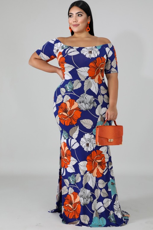 Blue Off-the-shoulder Floral Print Plus Size Maxi Dress