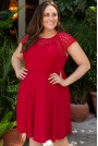 Red plus size dress with lace neckline