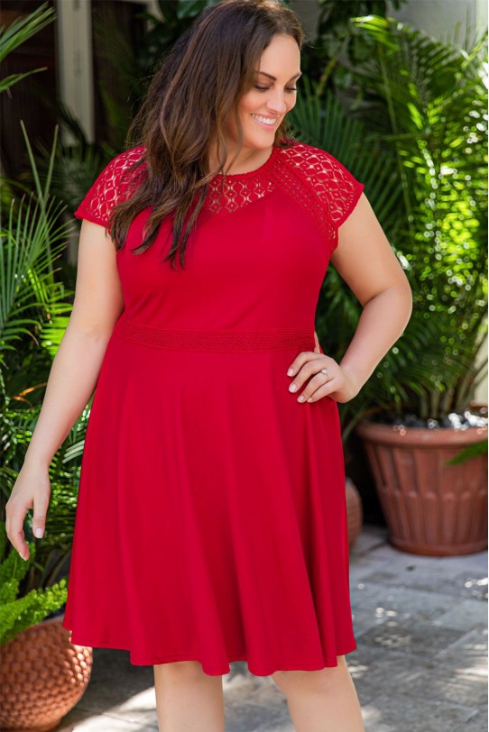 Red plus size dress with lace neckline