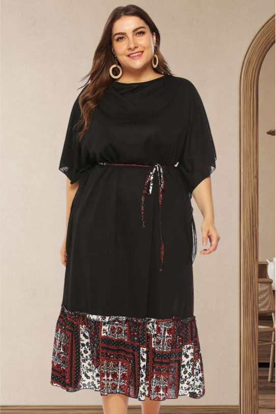 Black boho linen and cotton plus size dress