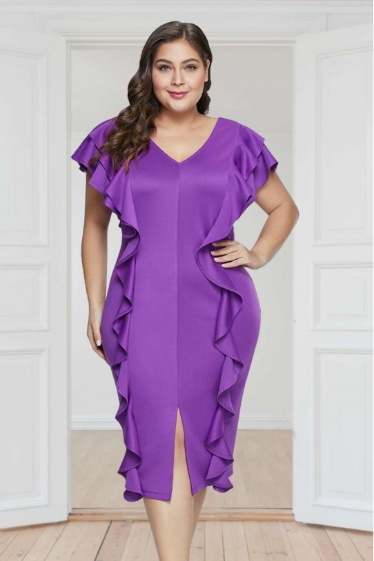 Лилава коктейлна макси рокля с вълнички