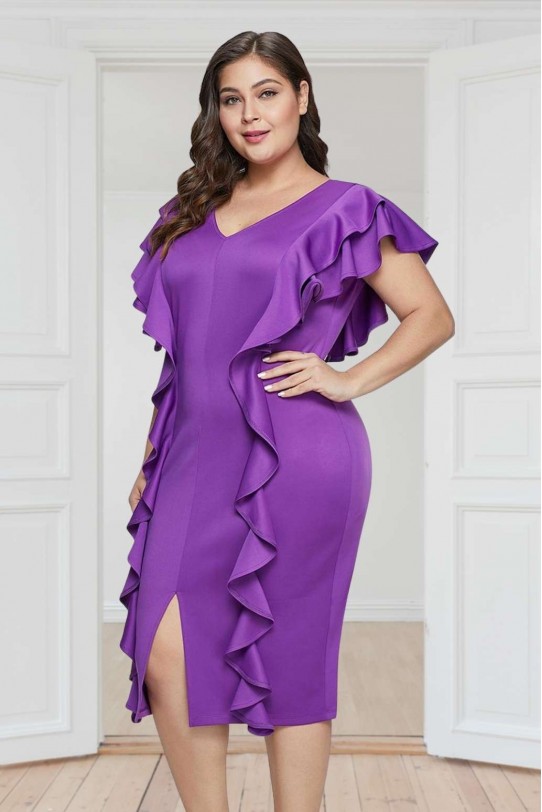 Лилава коктейлна макси рокля с вълнички