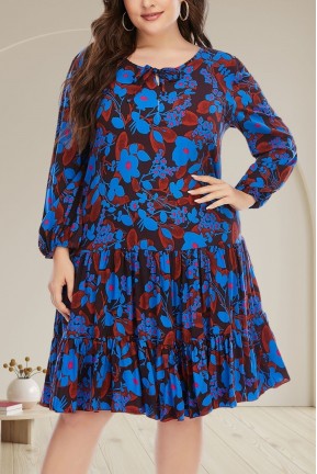 Loose plus size dress in blue-brown floral print